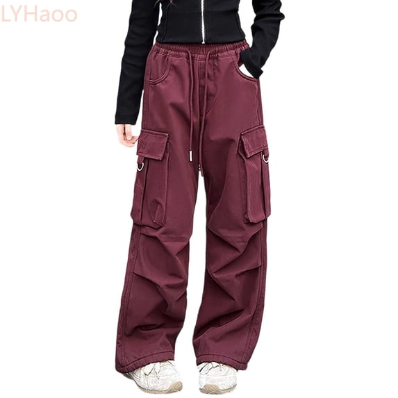 LYHaoo Girls Cargo Pants Straight Leg Casual Trousers Fashion Childrens Bottoms Streetwear For Kids Teen Girls' Cargo Pants(Red)