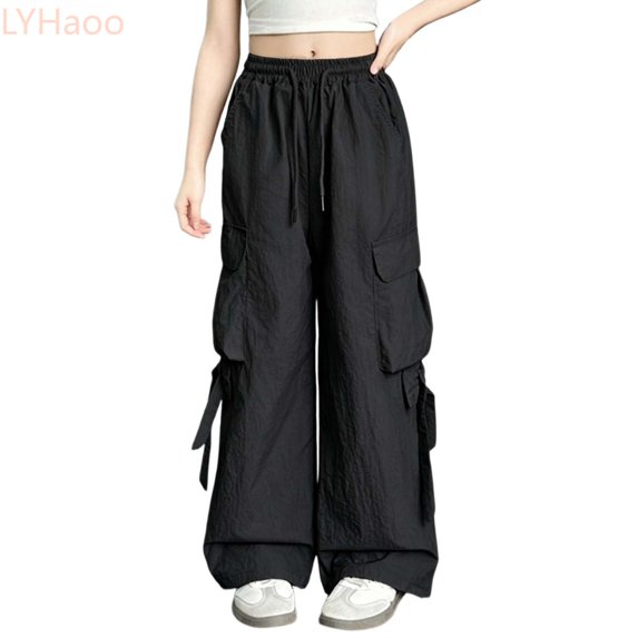 LYHaoo Girls Casual Cargo Pants Loose Fit Summer Lightweight Long Trousers For Kids Daily Wear Girls Cargo Pants(Black)