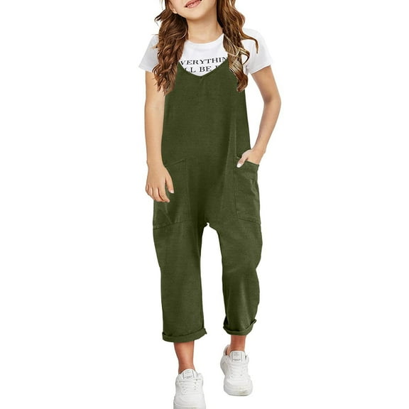 LYHaoo Girls Casual Sleeveless Jumpsuits Spaghetti Strap Loose Overalls Rompers Long Pants With Pocket 1 Piece Overalls Girls Jumpsuit Romper 8-9 Years Green(Little Kid)