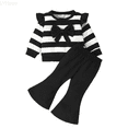 thumbnail image 1 of LYHaoo Girls Clothing Set 2 Pcs Girls Outfits Set Toddler Stripe Bow Top With Flare Pants Casual Playwear For Daily Outdoor Party Travel Spring Fall Winter Sizes 9-12 Months(Black), 1 of 6