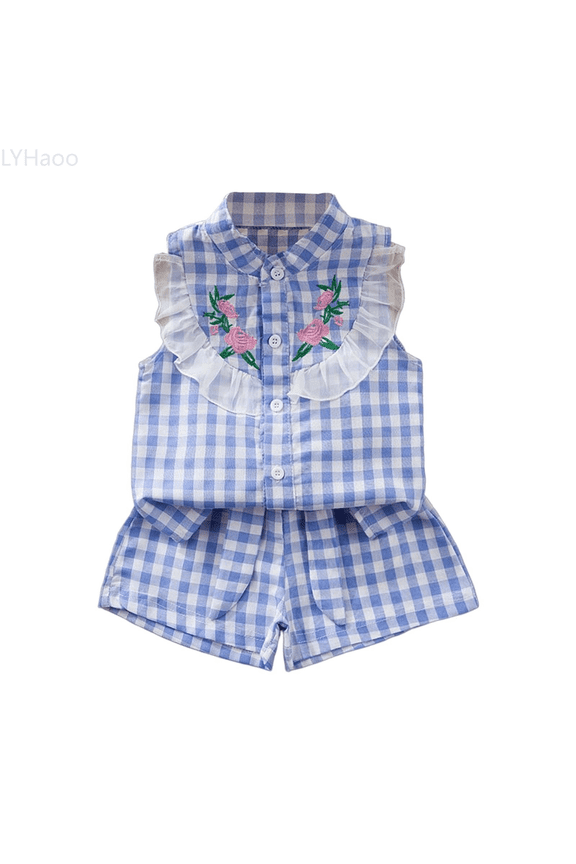 Girls Clothing Sets Girls Summer Outfits Toddler Casual Playset Checkered Embroidery Top And Shorts Set For 1 5 Years Old Comfortable Elastic Waist Daily Wear Sizes 1-2 Years(Blue)