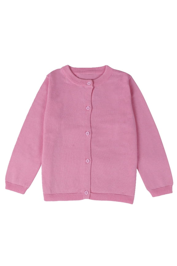 Girls Crewneck Cardigan Sweaters Long Sleeve Kids Button Down Cotton Sweaters School Uniform Sweaters for Little Girls 7 Years(Pink)