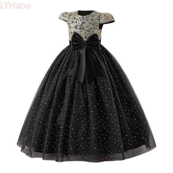 LYHaoo Girls Dress With Embroidery Flutter Sleeves Tutu Party Gown For Birthday Celebration And Elegant Bow Formal Attire,Girls Dresses for School Sizes 10-11 Years Black