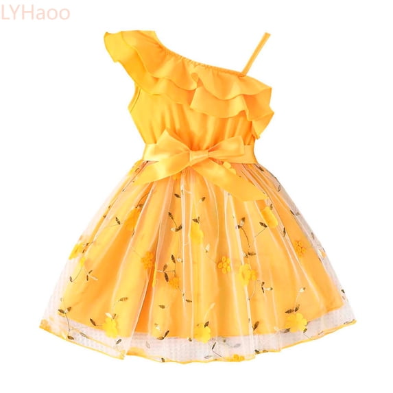 LYHaoo Girls Dress One Shoulder Formal Ruffle Birthday Party Mesh Dresses,Toddler Dresses Sizes 12-24 Months Yellow