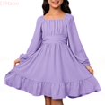 thumbnail image 1 of LYHaoo Girls Dresses Casual Long Sleeve Backless Dress With Waist Tie For Outdoor Summer Spring Fall，Casual Floral Dresses Sizes 12-13 Years Purple, 1 of 6