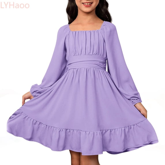 LYHaoo Girls Dresses Casual Long Sleeve Backless Dress With Waist Tie For Outdoor Summer Spring Fall,Casual Floral Dresses Sizes 12-13 Years Purple