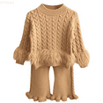 thumbnail image 1 of LYHaoo Girls Fall Clothes Sets Girls Knit Sweater Outfit Set Winter Warm Long Sleeve Top Pants Two Piece Toddler Kids Clothes Soft Comfy Casual Formal Wear Sizes 3-4 Years(Yellow), 1 of 6