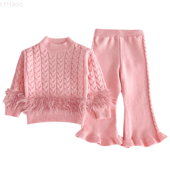 LYHaoo Girls Fall Clothes Sets Girls Knit Sweater Outfit Set Winter Warm Long Sleeve Top Pants Two Piece Toddler Kids Clothes Soft Comfy Casual Formal Wear Sizes 2-3 Years(Pink)
