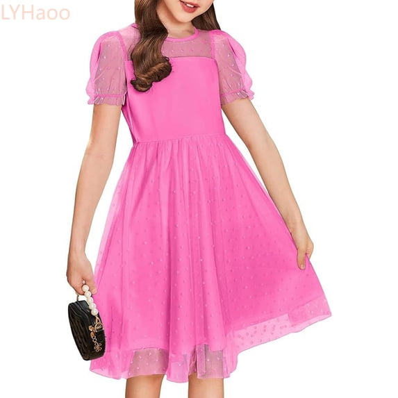 LYHaoo Girls Fashion Casual Polka Mesh Puffy Short Sleeve Dress For Party And Daily Wear，Vintage Girls Dress Sizes 5-6 Years Pink