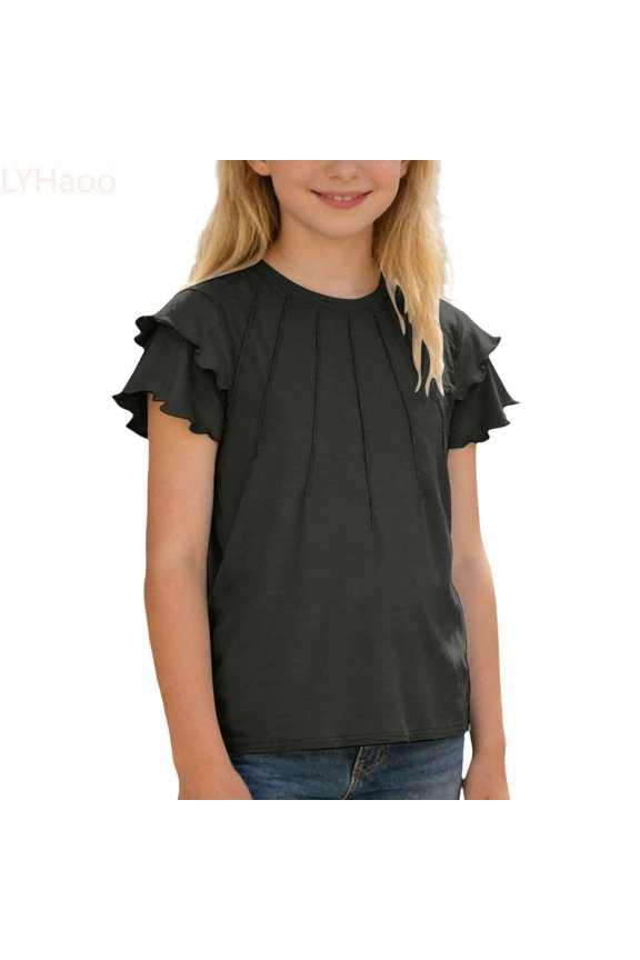 Girls Fashion Casual Top With Ruffle Hem And Pull String Detail Pure Color Short Sleeve Tee For Everyday Wear Casual School,7-8 Years