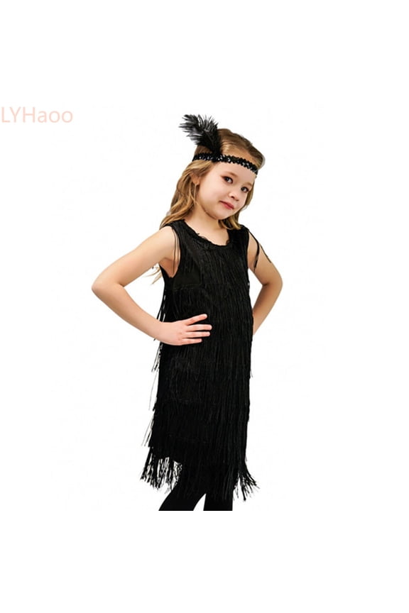 Girls Flapper Dress Sequins Fringe Latin Dance Dress Tassel Tango Dress Ballroom With Feather Headband,Casual Floral Dresses Sizes 7-9 Years Black