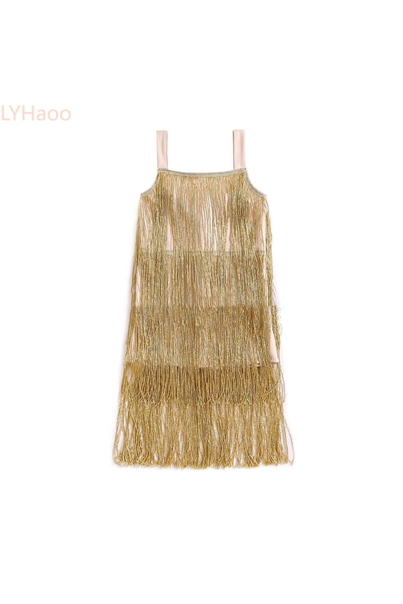 Girls Flapper Dress Sequins Fringe Latin Dance Dress Tassel Tango Dress，Girls Basic Dresses Sizes 3-4 Years Gold