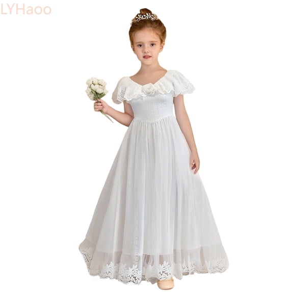 LYHaoo Girls' French Style Gentle Style White One Shoulder Dress Suitable For 8 13 Years Old,Princess Dresses for Girls Sizes 8-9 Years White