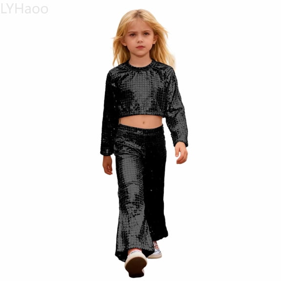 LYHaoo Girls Glitter Sequin Party Performance Outfit Two Piece With Round Sequins And Flared Pants For And Stage Shows Girls Outfit Sets Sizes 110(Black)