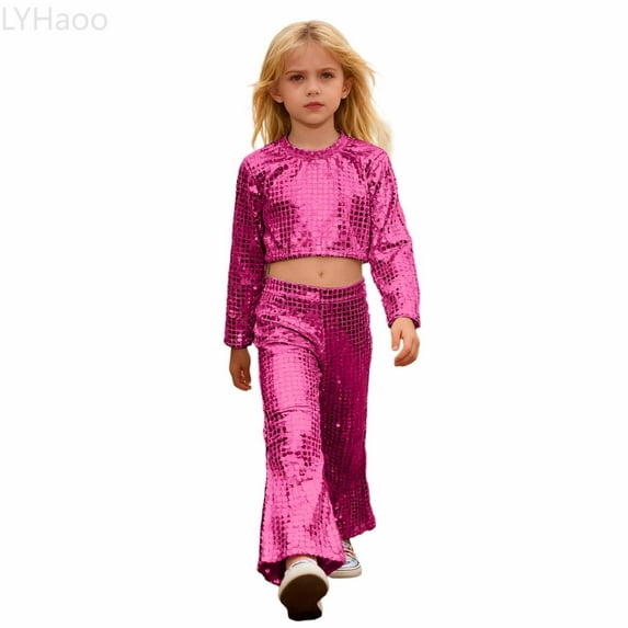 LYHaoo Girls Glitter Sequin Party Performance Outfit Two Piece With Round Sequins And Flared Pants For And Stage Shows Girls Outfit Sets Sizes 140(Pink)