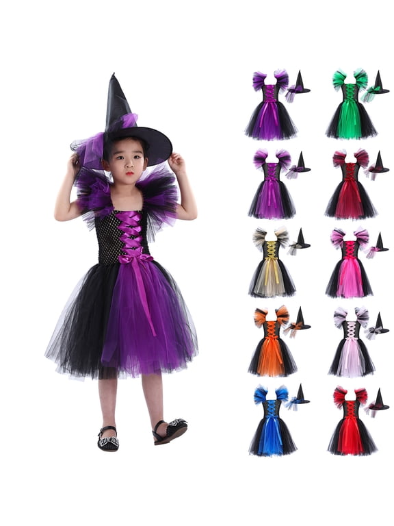 Girls Halloween Dress, Witch Dress with Hat Dress Up Costume Party Tulle Dresses for Toddler and Kids(2-3 Years)