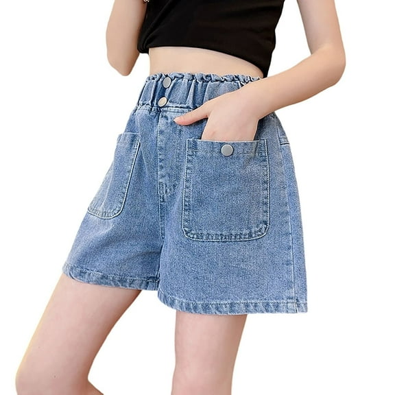 LYHaoo Girls' Jeans Summer New Big Boys' Jean Shorts Girls' Casual Four Button Short Pants Summer Breathable Sizes 13-14 Years Blue
