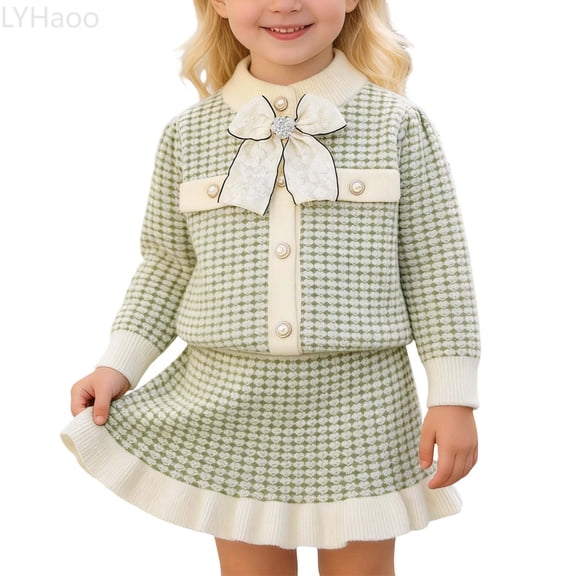 LYHaoo Girls Knit Cardigan And Skirt Autumn Two Piece Outfit Toddler Baby Girl Chunky Knit Sweater Dress Girls Outfit Sets Sizes 2-3 Years(Green)