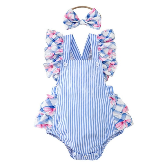 LYHaoo Girls Lace Trim Romper With Full Print & Bow Headband Stretchy Backpack Jumper Set For Baby Girls (3 24 Months) Girls Jumpsuit Romper 12-18 Months Blue(Toddler)