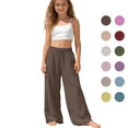 thumbnail image 1 of LYHaoo Girls Linen Pants Summer Casual Wide Leg Elastic Waist Drawstring Long Pants Kids Back to School Outfits(Green), 1 of 7