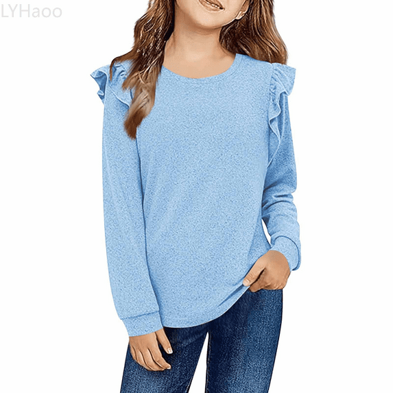 LYHaoo Girls Long Sleeve Blouse Top With Lace Trim Fashionable Fall Winter Tunic Shirt For Big Kids And Tweens Casual Hoodies Sweatshirts Sizes 2-3 Years(Blue)