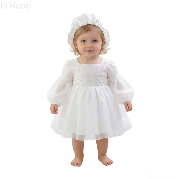 LYHaoo Girls Long Sleeve Christening Gown Baptism Dress With Skirt Girl Party Tutu Outfit Girls Outfit Sets Sizes 18-24 Months(White)