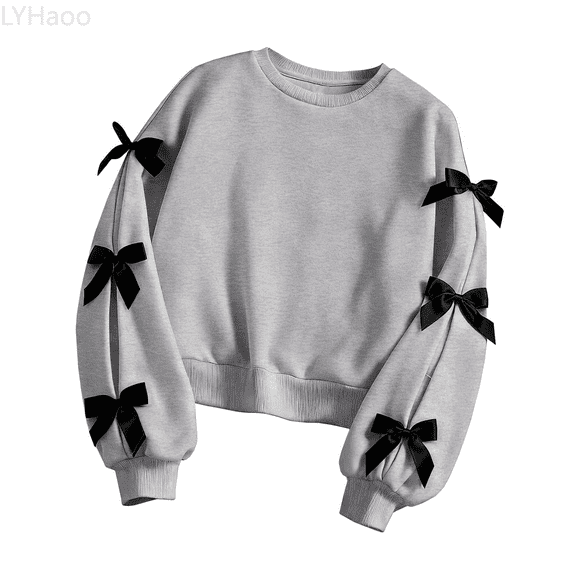 LYHaoo Girls Long Sleeve Hooded Sweatshirt With Bow Detail Soft Casual Pullover Top For And Autumn Seasons Comfortable Kids Athletic Wear Fleece Pullover Sizes 3-4 years(Gray)
