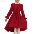 thumbnail image 1 of LYHaoo Girls' Long Sleeved Dress Stylish Flowy Semi Formal Party Dress With Belt,Dresses for Girls Sizes 5-6 Years Red, 1 of 7