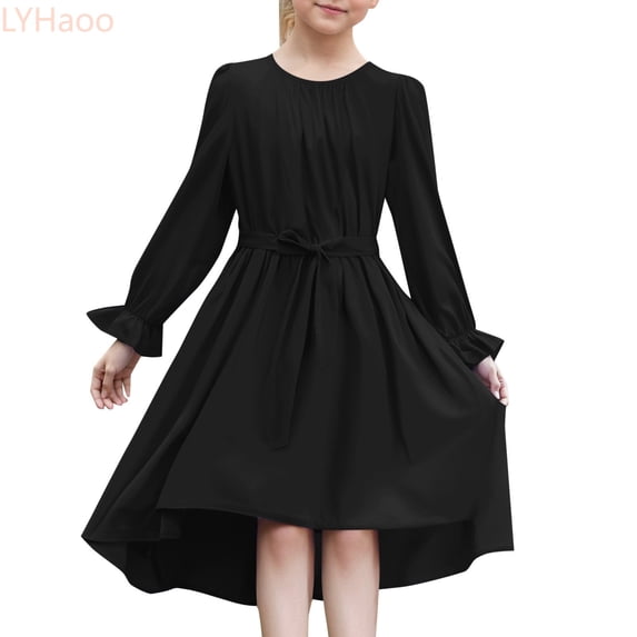 LYHaoo Girls' Long Sleeved Dress Stylish Flowy Semi Formal Party Dress With Belt,Dresses for Girls Sizes 7-8 Years Black