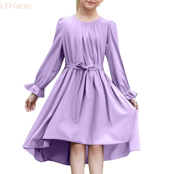 LYHaoo Girls' Long Sleeved Dress Stylish Flowy Semi Formal Party Dress With Belt,Dresses for Girls Sizes 9-10 Years Purple