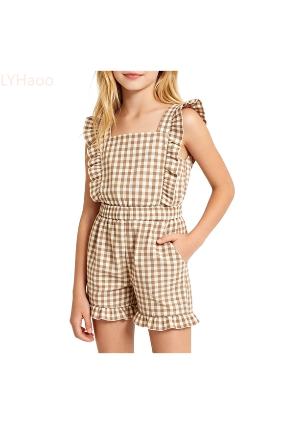 Girls Loose Romper Girls Striped Sleeveless Romper With Ruffle Trim Cute Square Neck Playsuit For Summer With Pockets Girls Jumpsuit Outfit,Sizes 5-6 Years