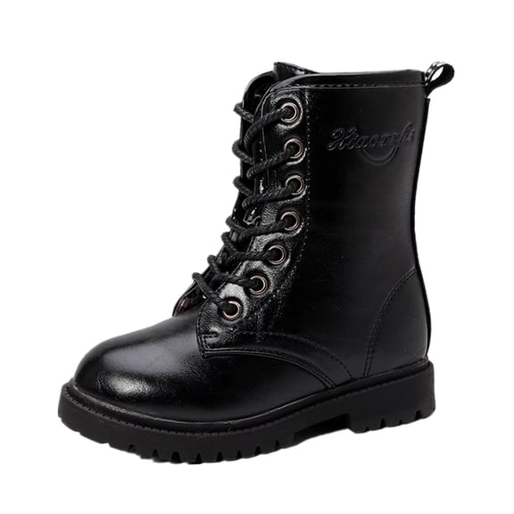 LYHaoo Girls Low Heel Lace Up Ankle Boots,PU Leather Boots Waterproof Side Zipper Boot Sizes 11 Black(5-5.5 Years)