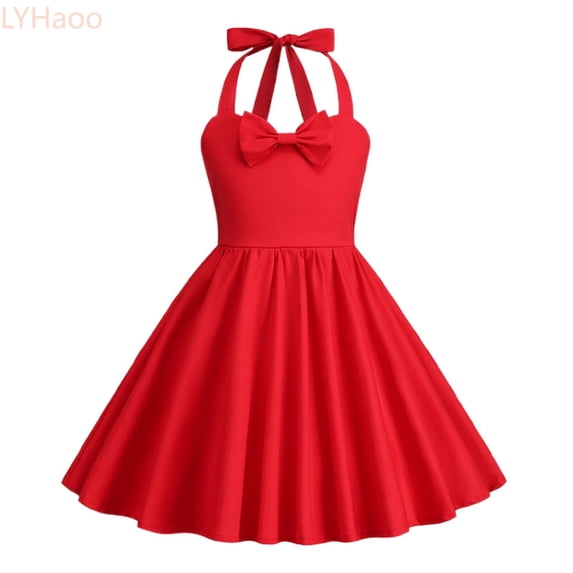 LYHaoo Girls' Neck A Line Solid Color Suspender Dress,Dresses for School Casual Sizes 3-4 Years Red