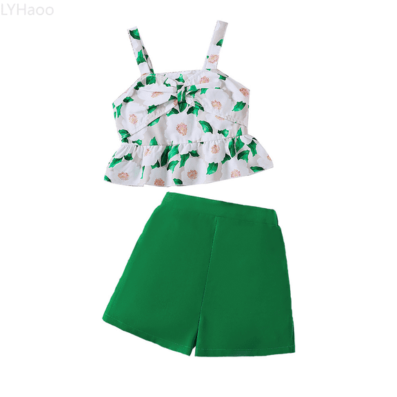 LYHaoo Girls Outfit Sets Girls Summer Outfits 2 Piece Set Cute Sleeveless Bow Tie Top And Shorts Casual Playwear For Toddler Kids Age 7 12 Sizes 10-11 Years(Green)
