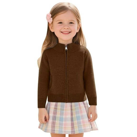 LYHaoo Girls Oversized Sweater Classic Solid Color Zip Front Knit Cardigan Sweater For Girls With Pockets Comfortable Casual Outerwear Jacket For Kids 4-5 Years(Brown)