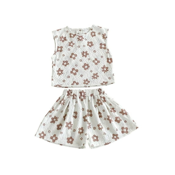 LYHaoo Girls Pant and Top Sets Girls Summer Outfits 2 Piece Set Floral Print Short Sleeve Top And Shorts Casual Toddler To Kids Comfortable Breathable Outfit Sizes 1-2 Years(Brown)