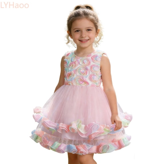 LYHaoo Girls Party Dress With 3D Floral Appliques Girl Baptism Tutu Gown For Toddlers And Kids,Dresses for Girls Sizes 6-7 Years Pink