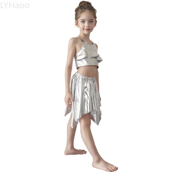 LYHaoo Girls Performance Outfit Glossy Sleeveless Vest With Ruffle Hem Photography Elastic Choir Solid Color Girls Outfit Sets Sizes 7-9 Years(Silver)
