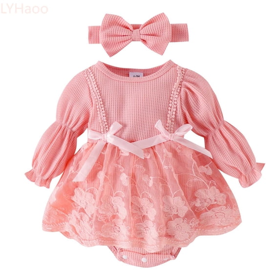 LYHaoo Girls Romper Baby Girl Romper Dress Children Floral Long Sleeve Ruched Jumpsuit Ruffle Bodysuit Headband Set Fall Cute Princess Dress 3PCS Sizes 3-6 Months(Pink)