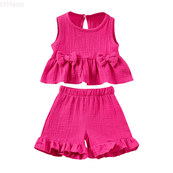 LYHaoo Girls Short Sets Girl's 2 Piece Summer Outfits Sweet Cute Sleeveless Top And Ruffle Shorts Clothing Set Sizes 6-12 Months(Pink)
