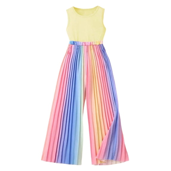 LYHaoo Girls Short Sets Girls Summer Outfit Set Pure Color Tank Top With Rainbow Gradient Loose Pants For Outdoor Activities Age 7 12 Sizes 10-11 Years(Yellow)