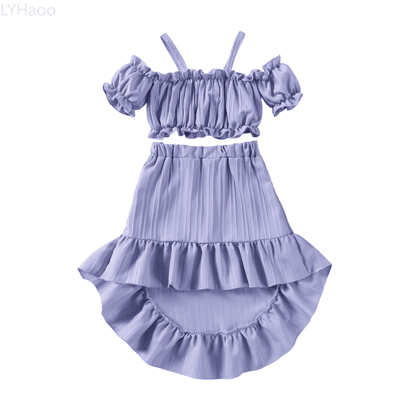 LYHaoo Girls Short Sets Summer Girls' Baby Straps Top With Open Shoulders Short Skirt With Ruffled Edges Solid Color Full Length Dress Long Skirt Sizes 2-3 Years(Purple)