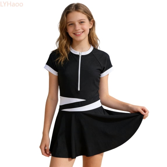 LYHaoo Girls Short Sleeve Piece Swimsuit Sporty Zipper Front Guard Swimwear For Kids,Girls Swimsuit One Piece 8-9 Years