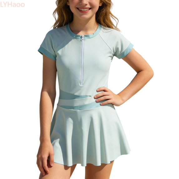 LYHaoo Girls Short Sleeve Piece Swimsuit Sporty Zipper Front Guard Swimwear For Kids,Girls Swimsuit One Piece 9-10 Years