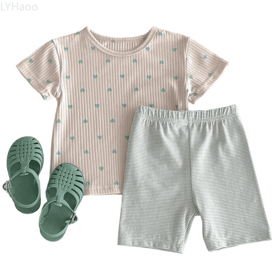 LYHaoo Girls Skirt Sets Girls Outfits Set Summer Casual Toddler Kids Clothes Heart Print T Shirt Striped Shorts Air Conditioning Outfit For Daily Wear For 1 8 Years Old Sizes 4-5 Years(Green)