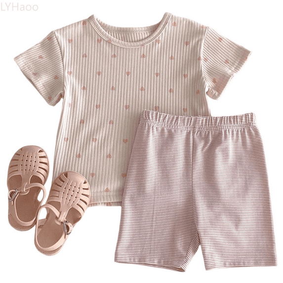 LYHaoo Girls Skirt Sets Girls Outfits Set Summer Casual Toddler Kids Clothes Heart Print T Shirt Striped Shorts Air Conditioning Outfit For Daily Wear For 1 8 Years Old Sizes 3-4 Years(Pink)