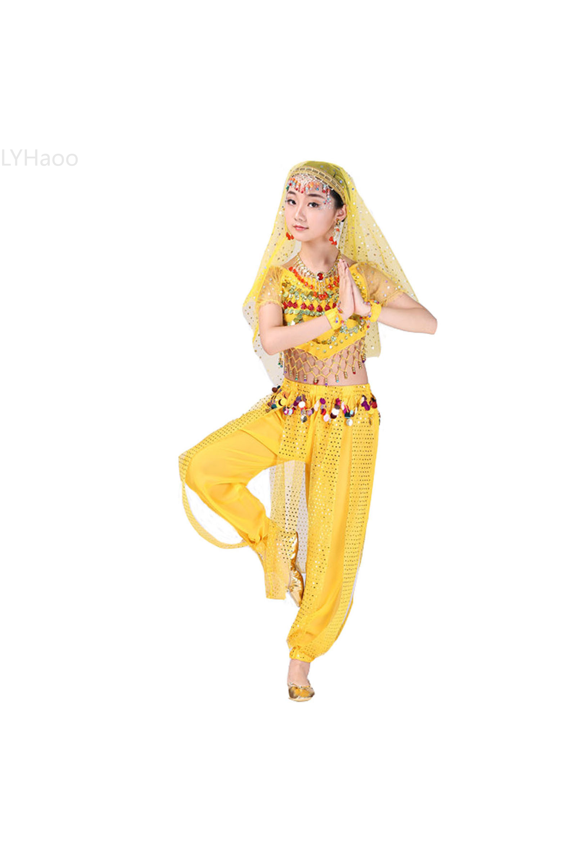 Girls Skirt Sets Handmade Children Girl Belly Dance Kids Belly Dancing Dance Cloth Sizes 6-7 Years(Yellow)