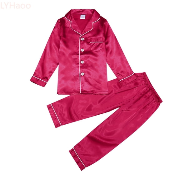 LYHaoo Girls' Sleepwear Sets Kids Girl Boy Satin Pajamas Set Button Down Sleep Shirt Top Long Pants Bottoms Sleepwear Loungewear Clothes Sizes 5-6 Years(Red)