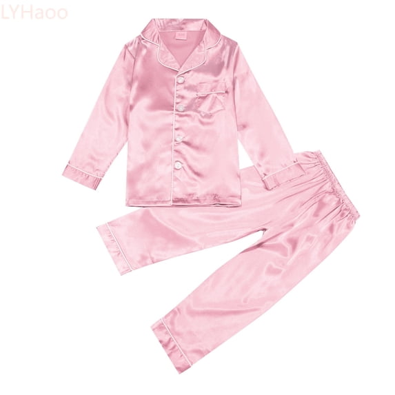 LYHaoo Girls' Sleepwear Sets Kids Girl Boy Satin Pajamas Set Button Down Sleep Shirt Top Long Pants Bottoms Sleepwear Loungewear Clothes Sizes 7-8 Years(Gold)