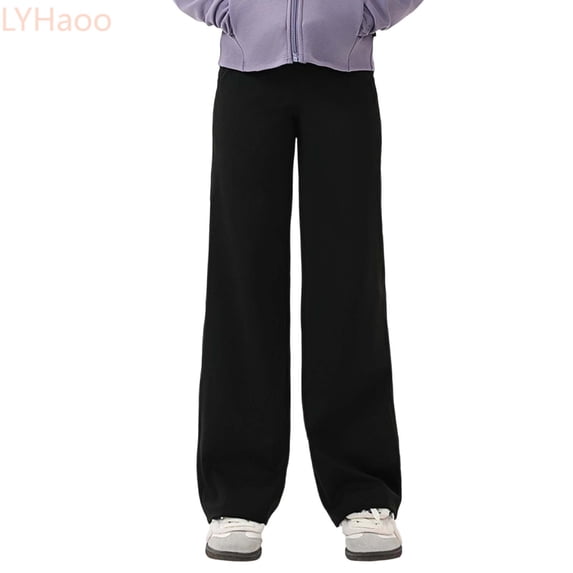 LYHaoo Girls' Straight Cut Pants For Dance Fleece Lined Sports Yoga Pants Wide Leg Pants Suitable For 5 15 Year Olds Casual Pants for Girls(Black)